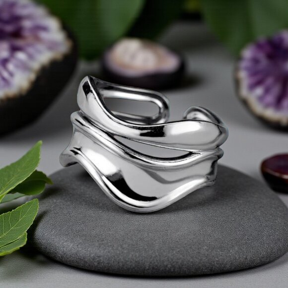 🆕️Elegant 18K Gold Plated Stainless Steel Open Adjustable Wave Ring 🌊 - Picture 1 of 11